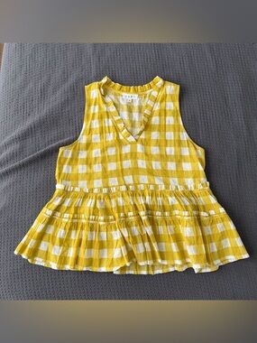 Anthropologie THML Checkered Tiered Ruffle Tank Top M Yelllow White Picnic Prepp